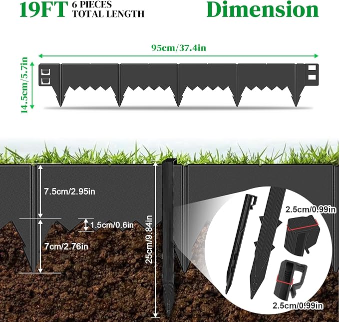 Hlogree 6 Pack Metal Landscape Edging, Garden Edging, Garden Border with 6 Pcs Anchor Stakes, No-Dig Hammer-in Heavy Duty Metal Edging Border for Flower Bed, Yard & Pathway (Black, 6inch)
