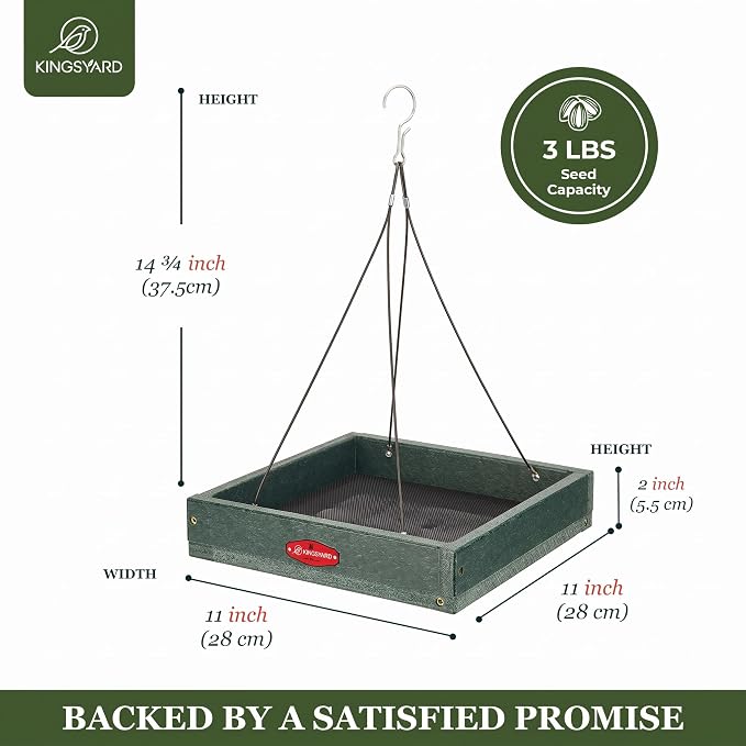 Kingsyard Platform Bird Feeder for Outdoors, Hanging Feeding Tray | Recycled Poly Lumber, Weatherproof, 11x11 Tray, Holds up to 3 lbs Seeds or Mealworms, Easy Clean & Refill, Green