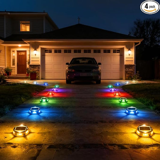AGPTEK Round 12 Modes 9 in 1 Solar Driveway Lights with Remote Control 4 Pack-30H Runtime, IP67 Waterproof, 3-Ton Load Capacity, RGB Color Changing Outdoor Lights for Patio, Garden, Deck, Dock, Step