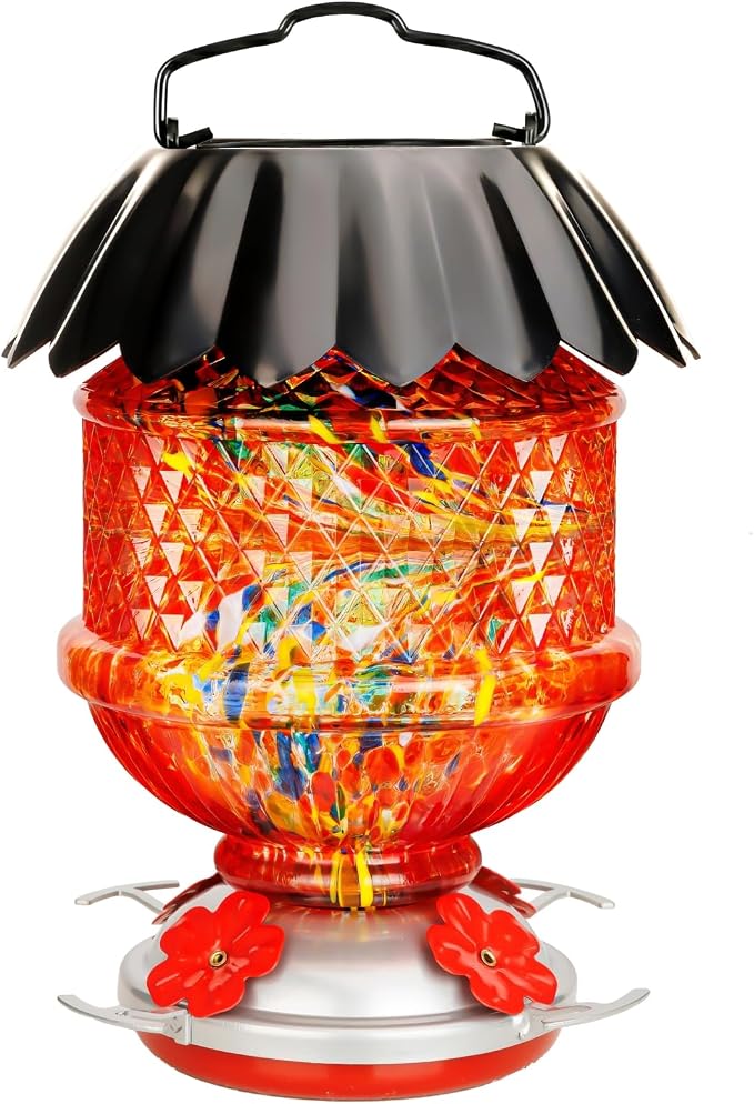 Solar Hummingbird Feeder with Perch 48 OZ Hand Blown Glass Hummingbird Feeder for Outdoors Hanging Include Accessories (Red)