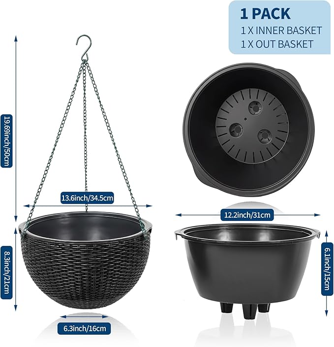 13.8 Inch Self Watering Hanging Planter, 4PCS Round Resin Hanging Basket for Indoor Outdoor Plants, Rattan Look Flower Pot with Drainage Plug, Deep Inner Pot and Sturdy Metal Triple-Chain Hanger
