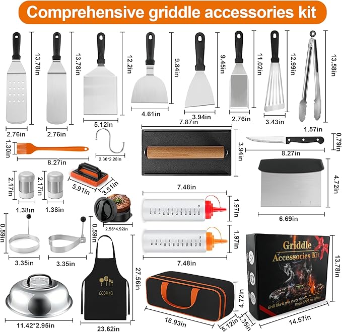 42PCS Griddle Accessories Kit for Blackstone and Camp Chef, Professional Flat Top Grill Tools Set with Enlarged Spatulas, Basting Cover, Scraper, Carry Bag, Complete Outdoor BBQ Grilling Set