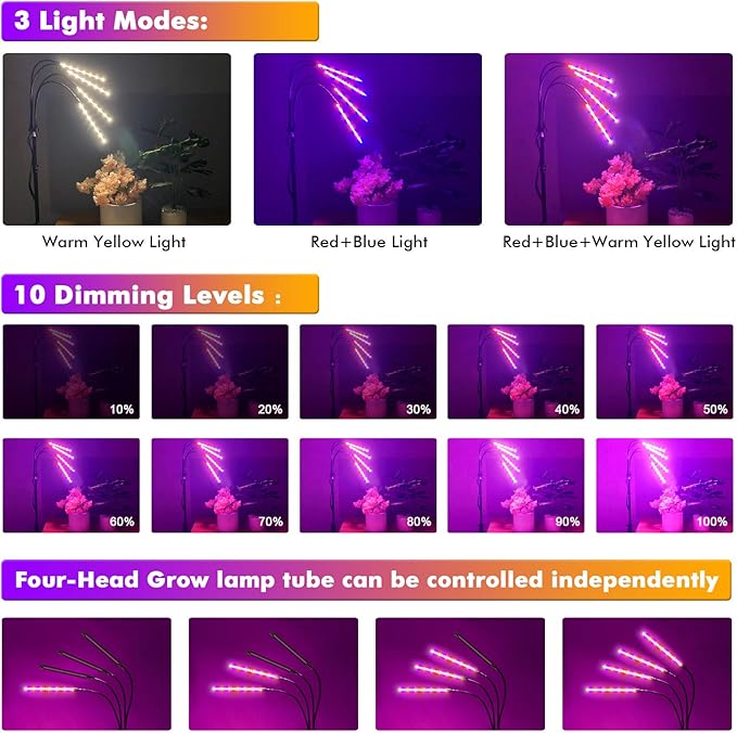 Felibeaco Plant Grow Lights for Indoor Plants Full Spectrum, LED Floor Plant Lights for Indoor Growing with Adjustable Stand (14"-63"), Indoor Plant Grow Lamp with Timer, Auto On/Off for House Plants