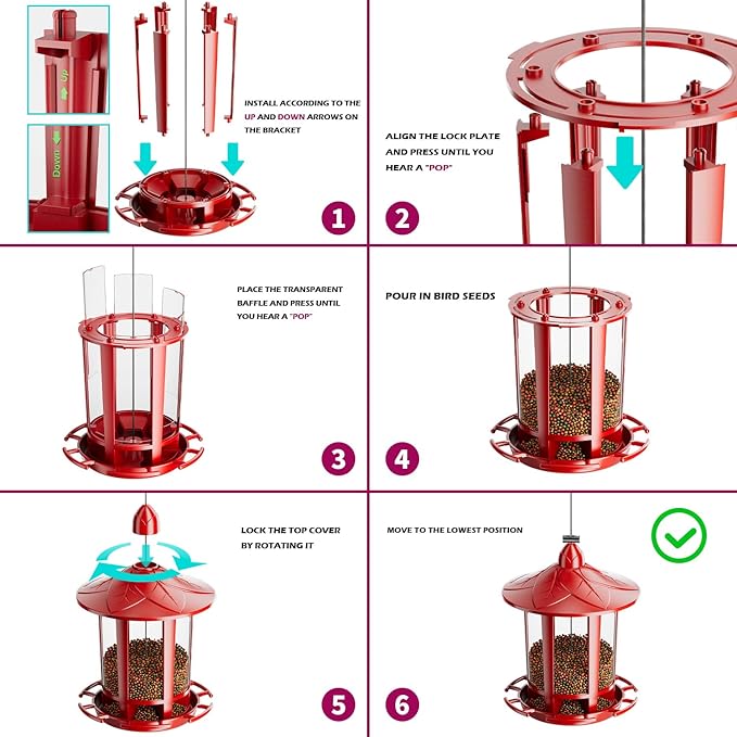 Birdream 2 Pack Bird Feeders for Outdoor Hanging, Assembly Required, 1-Min Easy Setup, Charming Castle Design, Attracting Cardinals Chickadees Goldfinches & Sparrows - Red