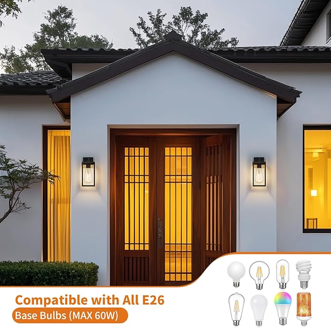 2 Pack 13‘’ Dusk to Dawn Outdoor Wall Light Fixture, Large Front Porch Lights for House, Exterior Wall Sconce, Black Waterproof Lantern Lamp,Outside Coach Light for Garage Entryway Yard
