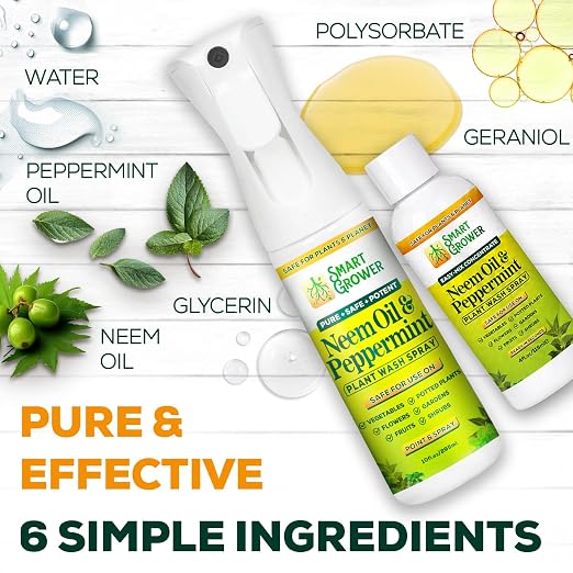 Neem Oil Spray for Plants with Peppermint Oil, Refillable Combo Pack Continuous Sprayer 10oz + 4oz Concentrate Refill – Makes 6 Bottles, Natural Plant Wash for Indoor & Outdoor Plants – Smart Grower