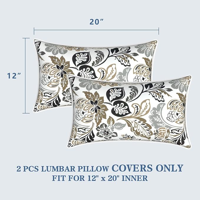 LVTXIII 2 Pack Outdoor Lumbar Pillow Covers 12x20 Inch with Piping, Water-Repellent Back Cushion Covers ONLY for Patio Furniture, Sofa, Garden Bench, Dailey Tan