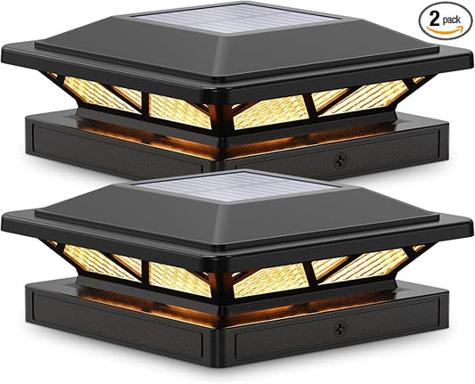 SIEDiNLAR Solar Post Cap Light 2 Modes 2 Pack, 3.5x3.5 4x4 4.5x4.5 5x5 Wooden/Vinyl Posts, Waterproof Outdoor Lighting for Fence Deck Patio Garden Decor, White/Warm (Black)