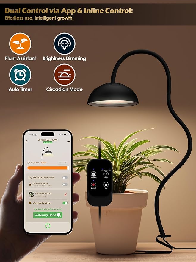 GLOWRIUM Smart Grow Lights for Indoor Plants,10W Full Spectrum LED Plant Light with 3/9/12 Timer,10 Dimmable Levels,Height Adjustable Grow Light with Base (Black)