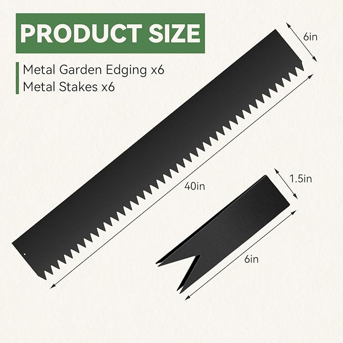 6 PCS 6 Inch Steel Landscape Edging Kit, 40" L x 6" H Galvanized Steel Landscape Lawn Edging Powder for Lawn Yard, Coated Bendable Metal Strips, No-Dig Hammer-in Edging Border w/7Clips