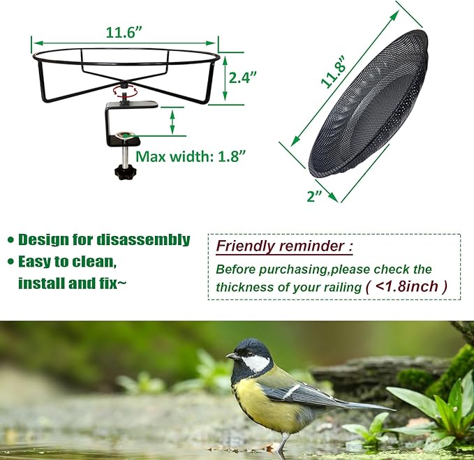 CQAIRIOU Premium Deck Railing Bird Feeder Tray for Balcony,11.8" Stainless Steel Large Platform Bird Feeder Mesh Seed Tray for Outside Wild Birds,Great Decoration for Garden Backyard