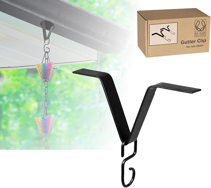 U-nitt Gutter Clip for Rain Chain Installation DIY | Gutter Adapter for Roof Downspout Chain | Water Collection | Black 2 PK, Heavy Metal, 6 X 5 inches, Adjustable, Fits 2 in Gutter Hole