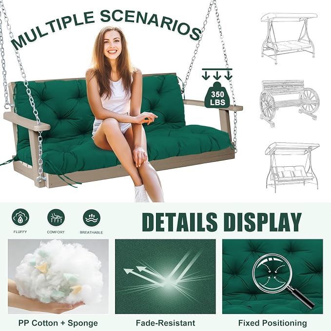 Porch Swing Cushions Outdoor 48 inch x 40 Waterproof Swing Cushions 3 Seater Replacement with Backrest & 8 Ties 5" Thick Bench Swing Cushions for Outdoor Furniture Patio(Dark Green)