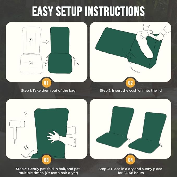 2 Pack Adirondack Chair Cushions, Waterproof & Fade-Resistant Outdoor Rocking Chair Cushion Set, Removable Seat Pads with Ties for High Back Dining or Patio Chairs, Green