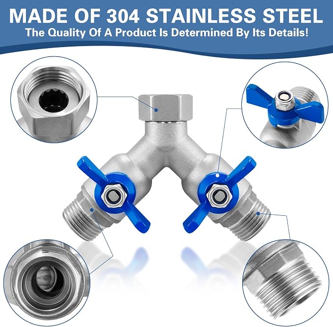 304 Stainless Steel Garden Hose Splitter 2 Way, Heavy Duty 3/4" GHT Y Hose Splitter with Shut-Off Valves, Full Flow Outdoor Faucet Connector with Wrench