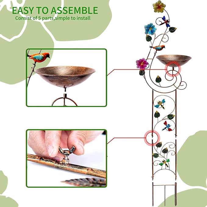 YYWMWM 57" Height Metal Bird Bath with Trellis for Outdoor, Vintage Decorative Bird Baths, Small Garden Plant Support, Antique BirdBath for Climbing Plants with Detachable Iron Bowl (Hummingbird)