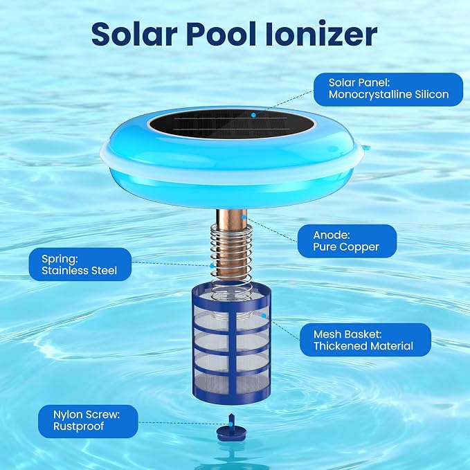 POOLPURE Solar Pool Ionizer, Copper Floating Cleaner, Use up to 85% Less Chlorine, Ideal Pool Cleaner for Above Ground, In-Ground Pools, Spas and Hot Tubs, Up to 35,000 Gal (Blue)