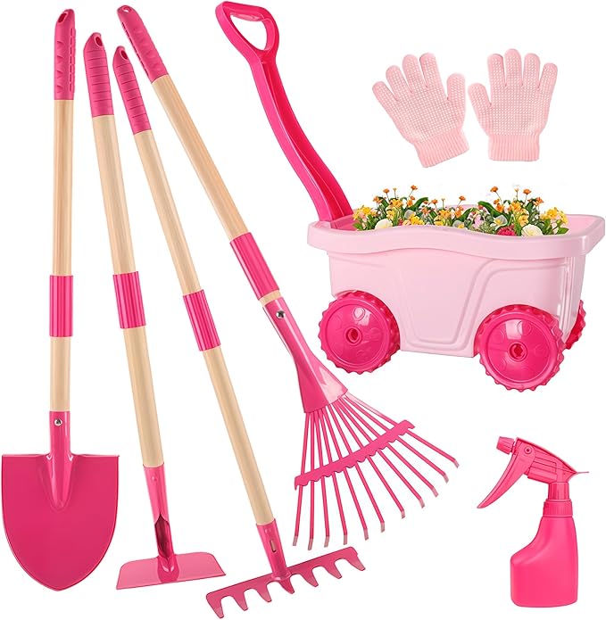 Kids Gardening Tools Outdoor Toys Set - Wheelbarrow Backyard Play Set for Kids with Shovel, Rake, Leaf Rake, Summer Yard Digging Weed Toys, Easter Birthday Gifts for Boys Girls Age 2 3+ Years Old