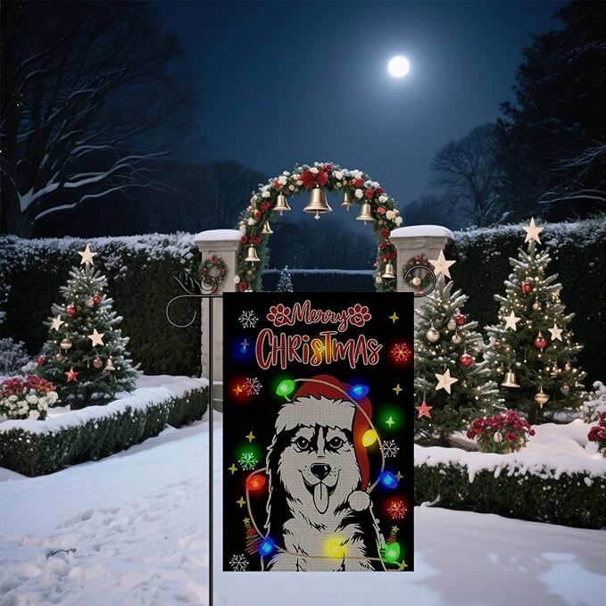 Christmas Dog Garden Flag - Led Husky Christmas Decor for Outside, Welcome Garden Flags Double-Sided Flag for Seasonal Christmas Winter Farmhouse Yard Lawn Decoration Gifts 12x18 inches