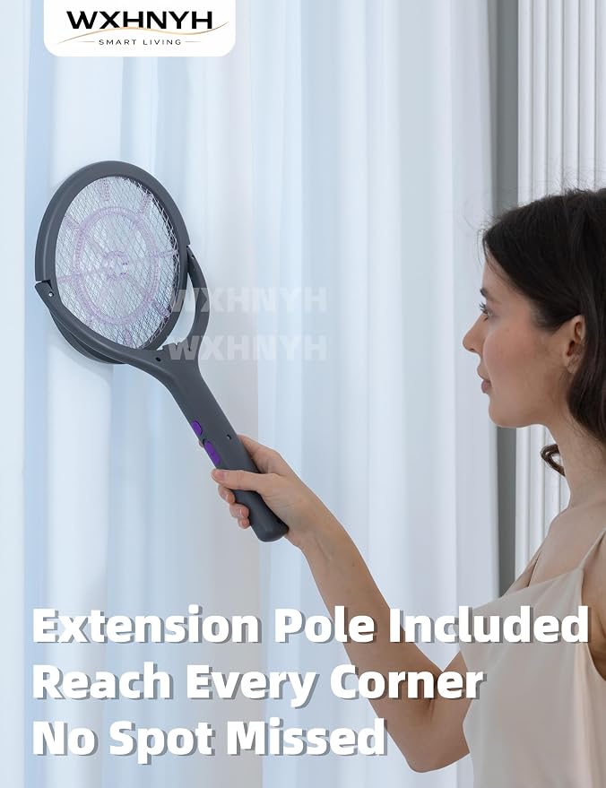 Electric Fly Swatter with Extendable Handle & Rotating Head, 3000V Rechargeable Bug Zapper Racket, 1200mAh Long Lasting, Reach Every Corner, Indoor Outdoor Mosquito Swatter