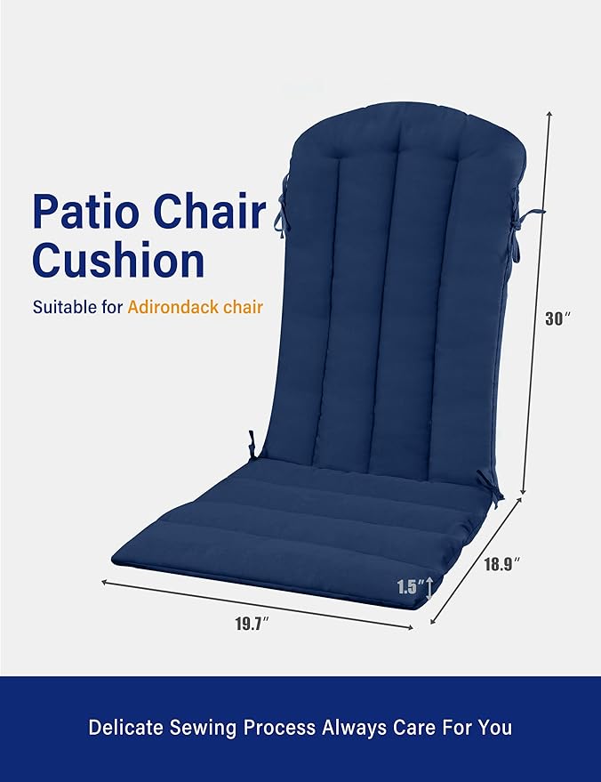 YEFU Adirondack Chair Cushion, Thin Rocking Chair Cushions with Straps Set of 2, Folding Patio Chair Pad for Indoor and Outdoor, 19.7x18.9x1.5 Inch, Navy