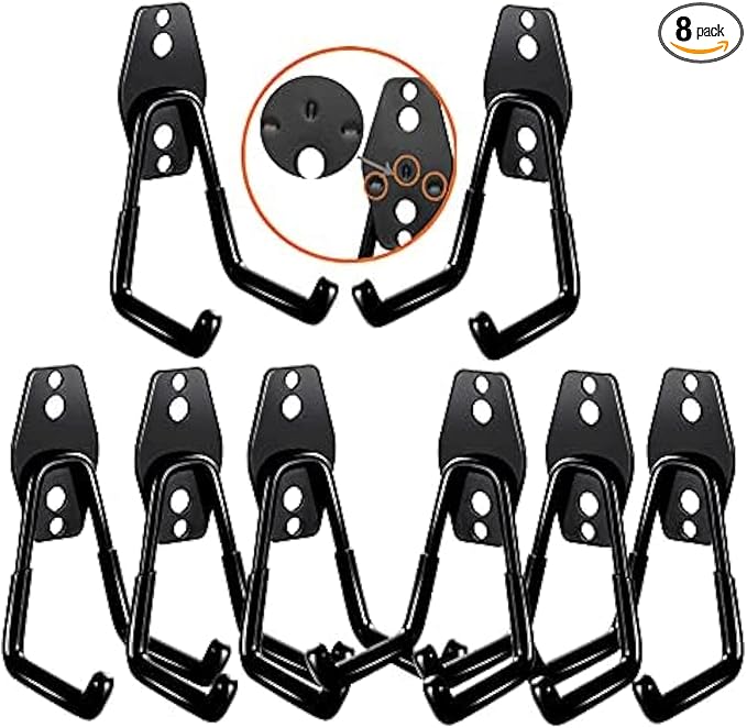 3-H Garage Wall Hooks Heavy Duty 8 Pack, Anti-Slip Steel Wall Mount Storage Hooks for Hanging Ladder Garden Yard Tools, Utility Organizer for Garage Lawn Shed(Black)