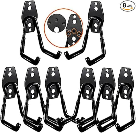 3-H Garage Wall Hooks Heavy Duty 8 Pack, Anti-Slip Steel Wall Mount Storage Hooks for Hanging Ladder Garden Yard Tools, Utility Organizer for Garage Lawn Shed(Black)
