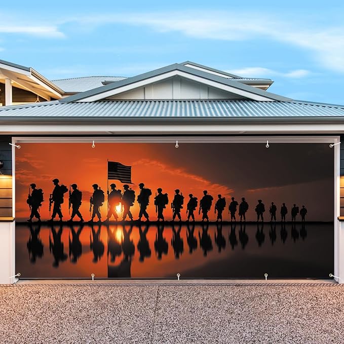 16x7Ft Patriotic American Soldier Silhouette Military Memorial Day Garage Door Decoration Flag, Military Tribute flag Garage Door Banner Sunset USA Flag Patriot Themed Outdoor Decor