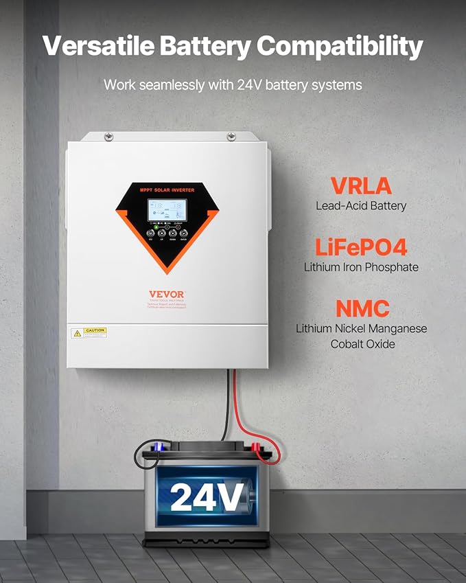 VEVOR Hybrid Solar Inverter, 3000W, Single Phase Pure Sine Wave Power Inverter, 24V DC to 110/120V AC, with Built-in 100A MPPT Solar Charge Controller, for Off-Grid System Lead Acid Lithium Battery