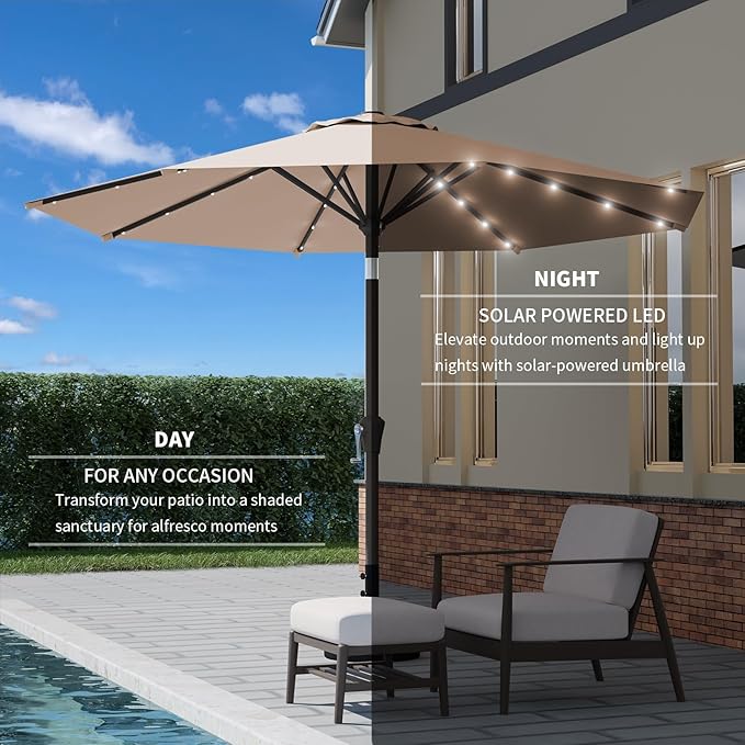 9FT Patio Umbrella with Solar Lights,Outdoor Market Umbrella with Tilt and Crank, LED Lighted Table Umbrella for Garden,Deck,Backyard,Pool,Beach
