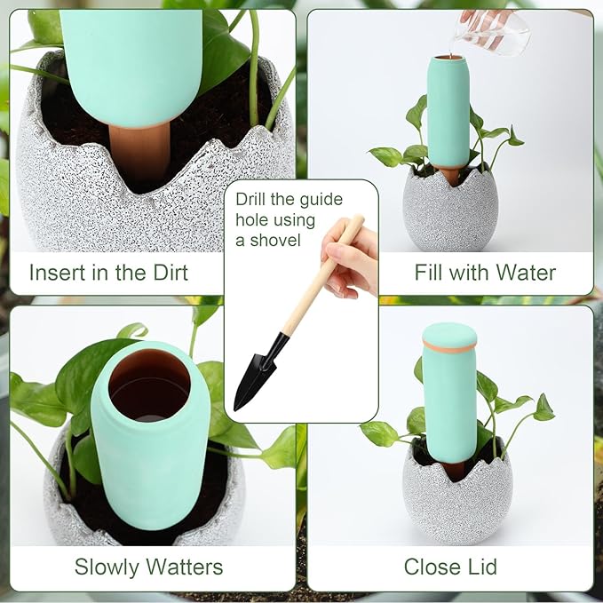 5 Pcs Large Terracotta Watering Spikes Set with Lids 17.5 oz Plant Watering Devices with Mini Shovel Self Water Spikes Plant Globes Insert Gardening Tools for Indoor Outdoor