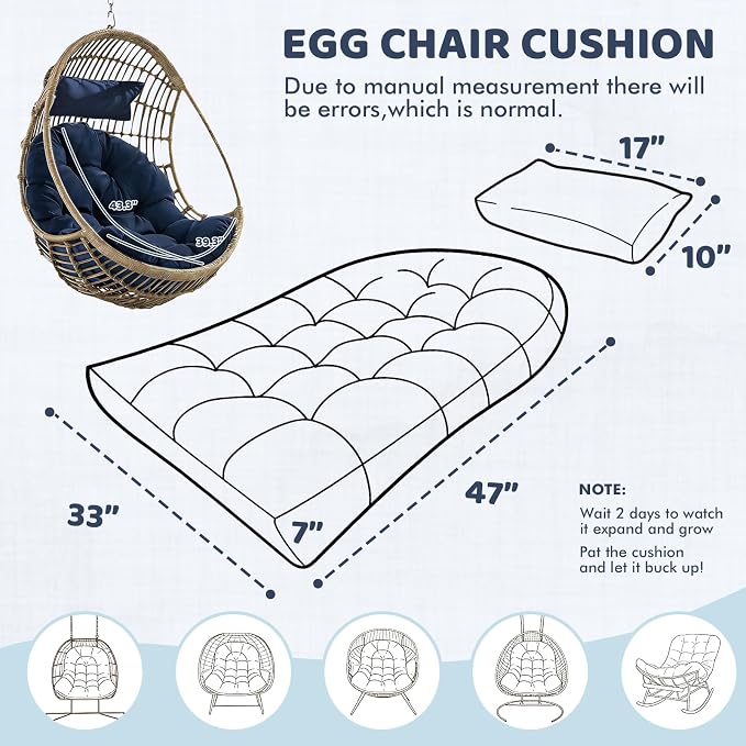 Waterproof Egg Chair Cushion Replacement, 47x33x7 Inches Thicken Outdoor Hanging Chair Cushion with Headrest Pillow, Cushions for Egg Chairs, Blue