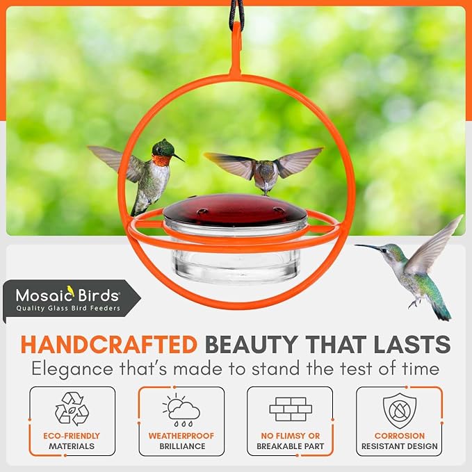 Hummingbird Feeder for Outdoors Hanging, 3.4 OZ Hummingbird Feeders, Glass Bowl with 4 Feeding Ports, Leak Proof Lid & Circular Perch, Bird Feeder (3, Orange)