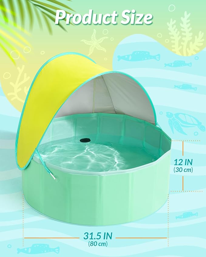Hikiddy Foldable Kiddie Pool with Canopy: 31.5in/ 47in /63in for Baby Toddler Kids Family - Summer Water Play Pool with Shade - Portable for Outdoor Backyard Beach (Lemon & Mint, 31.5in)