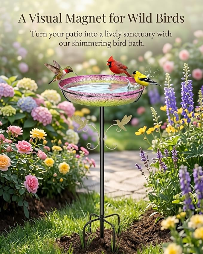 Bird Bath for Outside Standing Metal Birdbaths Birdfeeder 12" Detachable Bowl Iridescent Pink Yellow Bird Baths Feeder with Upgraded 5-Pronged Base for Garden Outdoor Lawn Patio Yard Decor 35" Tall