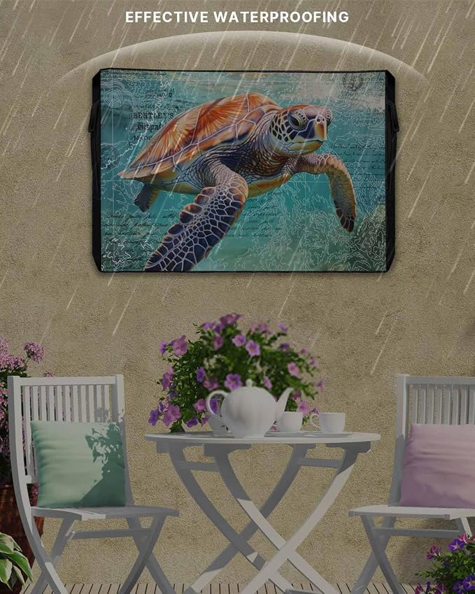 Ocean Sea Turtle Nautical Map Outdoor TV Cover 43 Inch Weatherproof, 600D Thick Waterproof Screen Protector With Zipper for 40 to 43 Inch Screens Outside