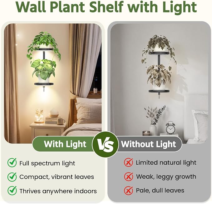 LASZOLA Plant Hangers Shelves Wall Mounted Indoor with Grow Lights, Metal Window Plant Holders, 2Pcs Modern Floating Flower Display Stand with 2 Hooks for Outdoor Kitchen Bathroom Decor, Dark Grey