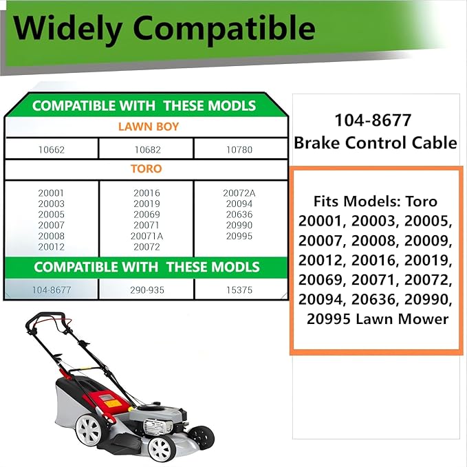 104-8677 Brake Control Cable fits Toro 22" Recycler Lawn Mower Replaces 290-935 1048677 20001 20003 20005 20009 Replaces 104 8677 290-935 Lawn Mower Brake Cable
