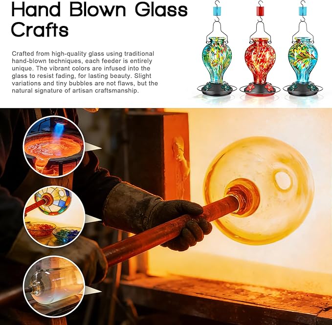 Hand Blown Glass Hummingbird Feeders for Outdoors Hanging, 24oz Wild Bird Nectar Feeder with Ant Moat and Perch, Bee-Resistant Ports, Garden Decor, Gifts for Women Mom, 1 Pack, Red Polka Dots