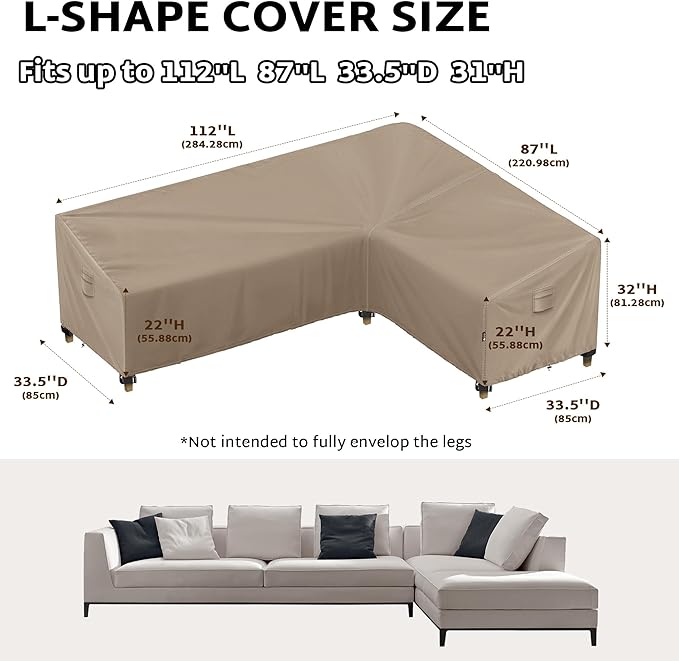 iBirdie Outdoor Patio Furniture Cover fit 112" x 87", 110" x 85", 108" x 84" L-Shaped Sectional Sofa, Waterproof Weatherproof Heavy Duty 600D Garden Cover for Outside L Shape Couch, Brown
