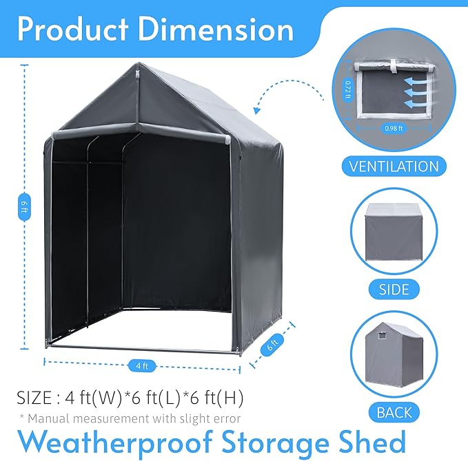 HOTEAGLE Sheds & Outdoor Storage, 3/4 inch Thick Support Rods & Bolted Frame (Not Socket), Rolled Up Doors and Ventilation Window, Portable Garage 6 x 4 ft