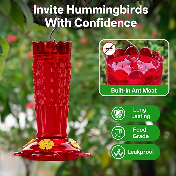 Plastic Hummingbird Feeders for Outdoors Hanging, 2 Pack 14OZ Ant & Bee Proof Humming Bird Feeder, 4 Feeding Ports Leak Proof Hummingbird Feeder for Outside Garden Decor, Gifts for Women Mom, Red