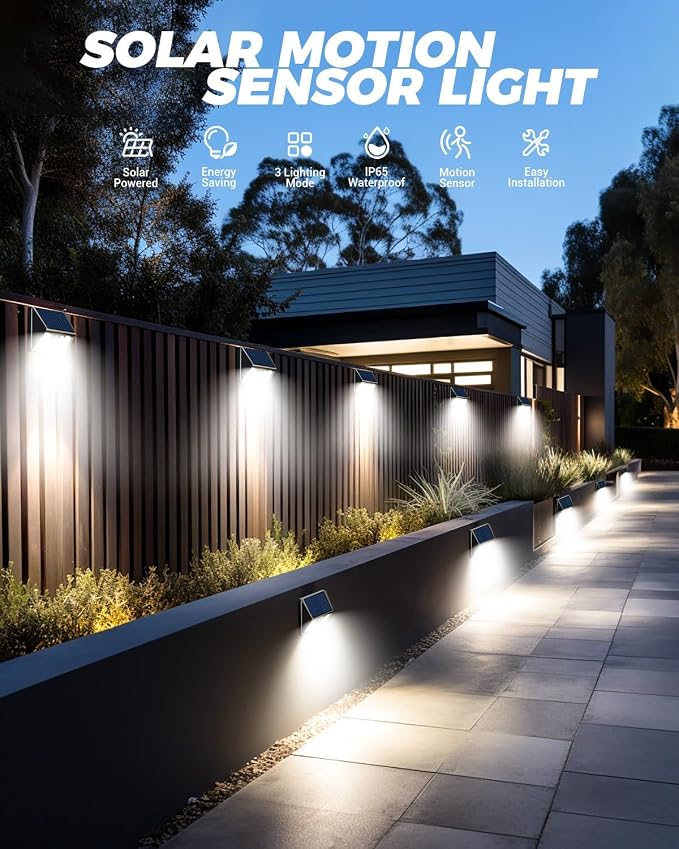 vighep 12 Pack Solar Fence Lights Waterproof, Motion Sensor Deck Lights Outdoor, Cold White LED Outside Lights Wireless for Wall Yard Steps Stairs Garden - Black