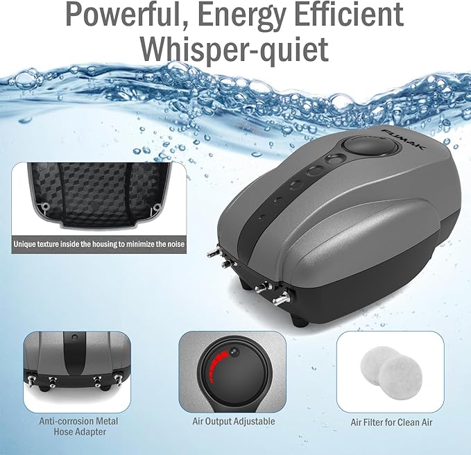 All-in-One Pond Aerator for Outdoor Ponds, Flow Adjustable Pond Air Pump Aeration Kit with Airline Tubing Air Stones Check Valves