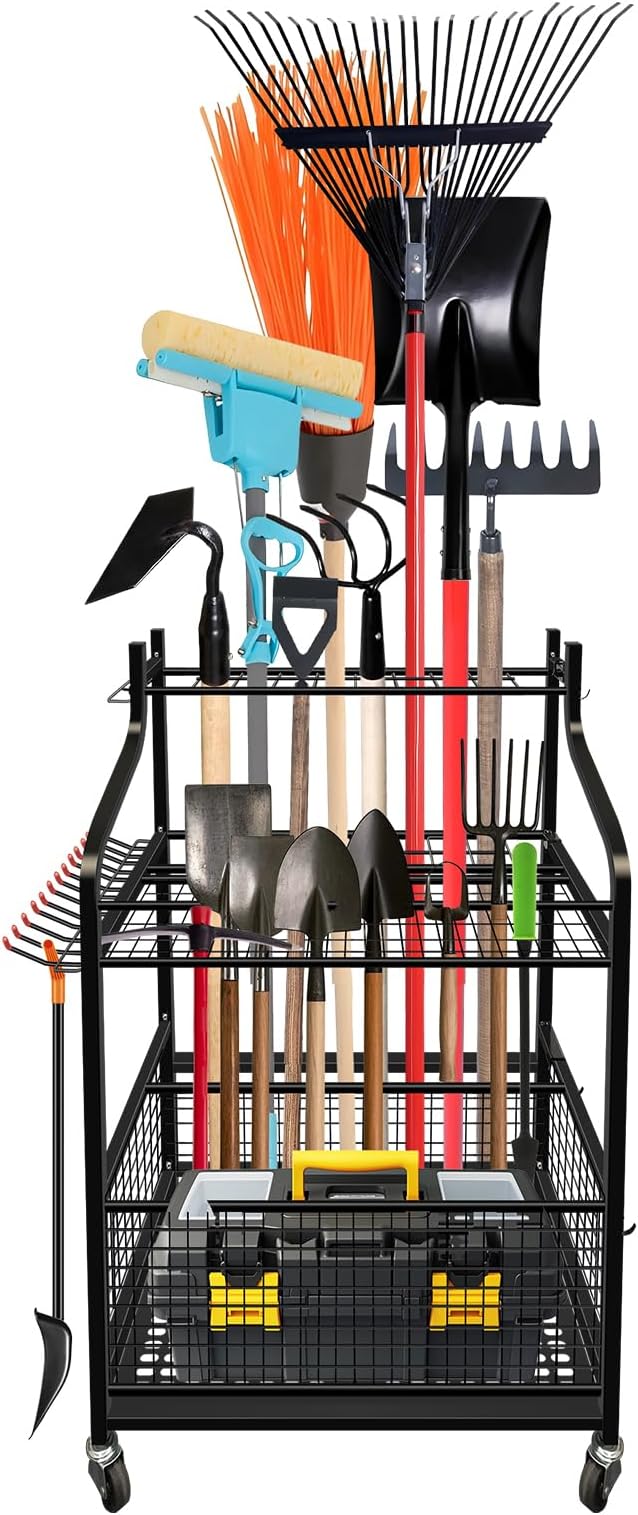 Garden Tool Organizer, Yard Tool Organizer with Wheels, Metal Yard Tools Storage, Heavy Duty Garden Tool Organizer for Garage, Partitioned Tool Organizer and Storage for Garage, Tool Stand, Outdoor