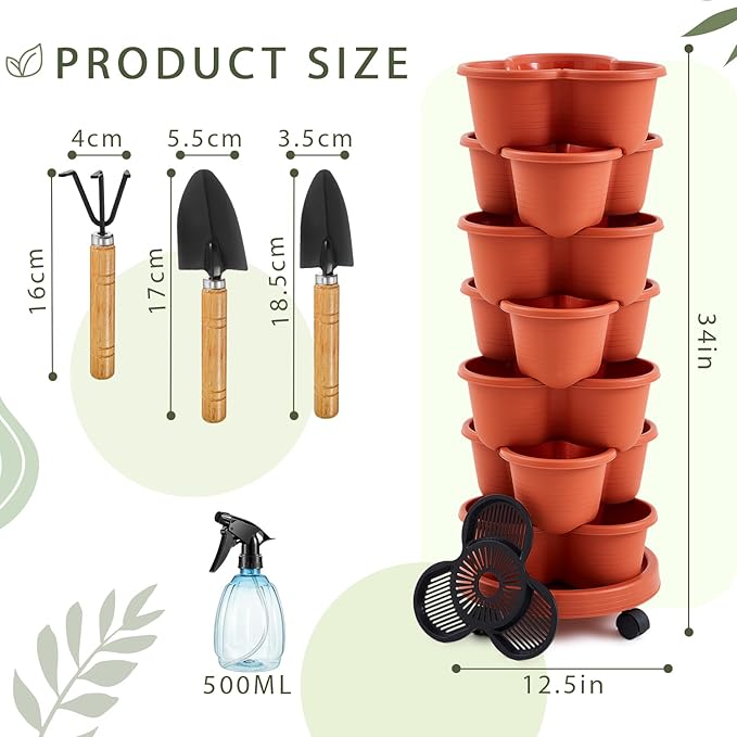 Umigy 1 Set Clay Red 7 Tier Stackable Vertical Planters with Removable Wheels and Tools Tower Planters Strawberry Herb Flower Vegetable Pots Indoor Outdoor Gardening Pots