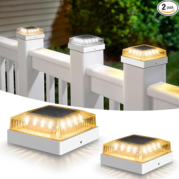 Solar Post Cap Lights, 2-Pack Fence Post Solar Lights for 4x4 Wood/Vinyl Posts, IP65 Waterproof, 10-12 Hours of Illumination with 3 Lighting Modes for Garden/Patio/Porch - White