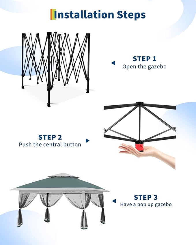 GarveeLife Canopy Tent 13x13 ft, Pop Up Gazebo One-Push Setup with 4 SandBags for Backyard Parties and BBQs, Mosquito Netting & Height Adjustable - Green