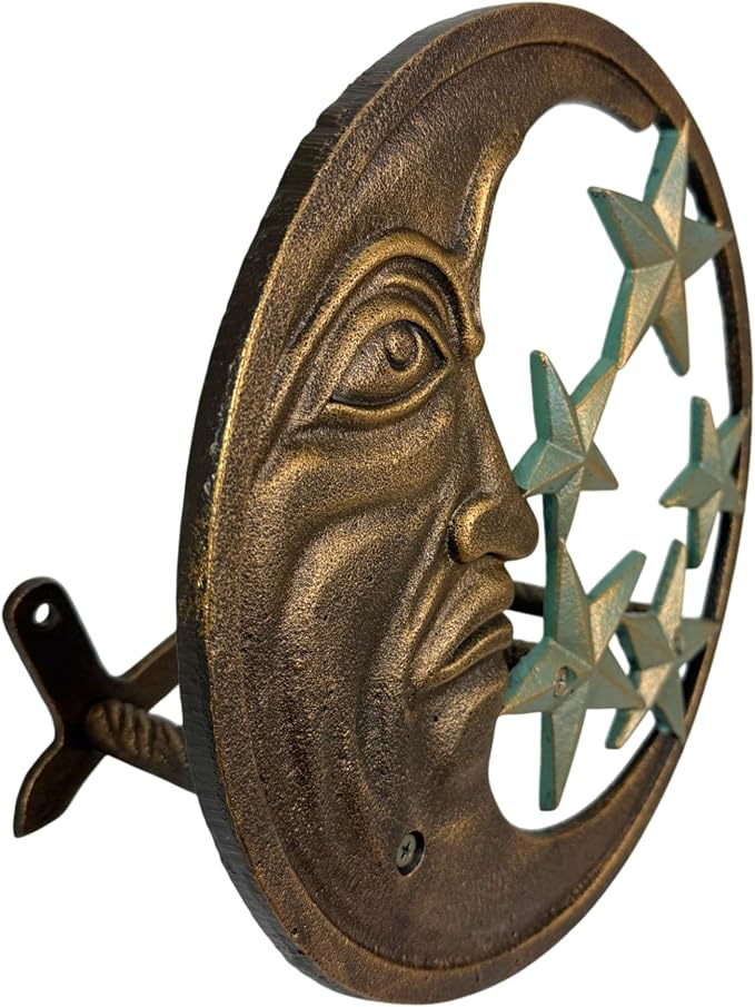 Zeckos Hose Hanger Cast Iron Celestial Moon Face and Stars Wall Mounted Garden Hose Holder, 11.5 X 11.5 Inches, Antiqued Bronze Finish, Hardware Included, 75 Foot Capacity