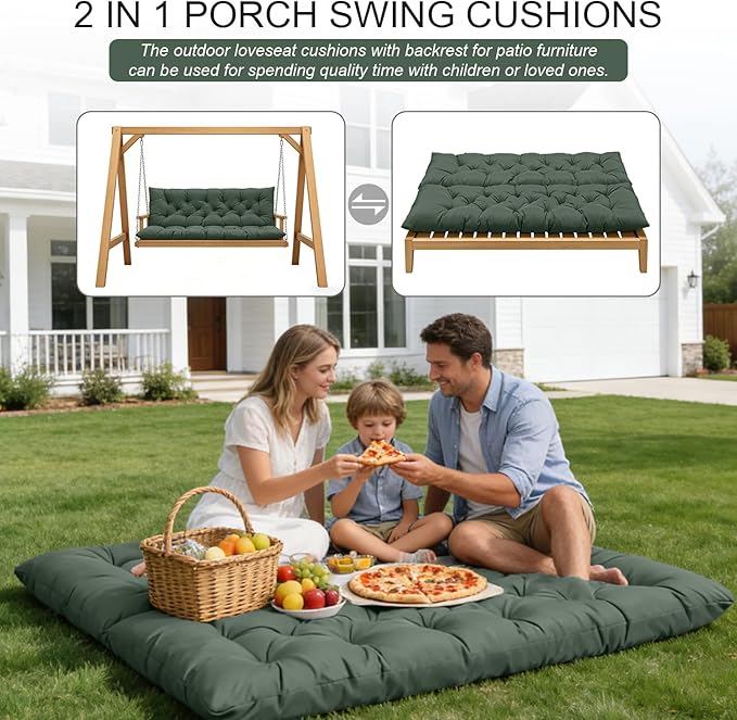 Porch Swing Cushions, Outdoor Swing Replacement Cushions 3 Seater with Backrest, Waterproof Bench Cushion with Ties,for Patio,Porch, Garden,Backyard